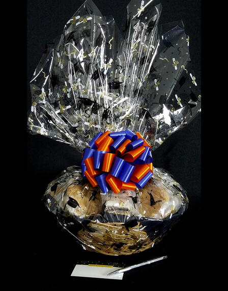 Large Basket - Graduation Cap Cellophane - Blue & Orange Bow - 36 Cookies and Brownies