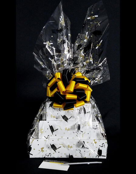 Super Tower - Graduation Cap Cellophane - Yellow & Black Bow - 72 Cookies and Brownies