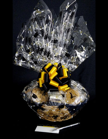 Large Basket - Graduation Cap Cellophane - Yellow & Black Bow - 36 Cookies and Brownies
