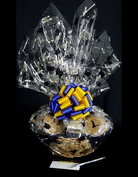Large Basket - Graduation Cap Cellophane - Blue & Yellow Bow - 36 Cookies and Brownies