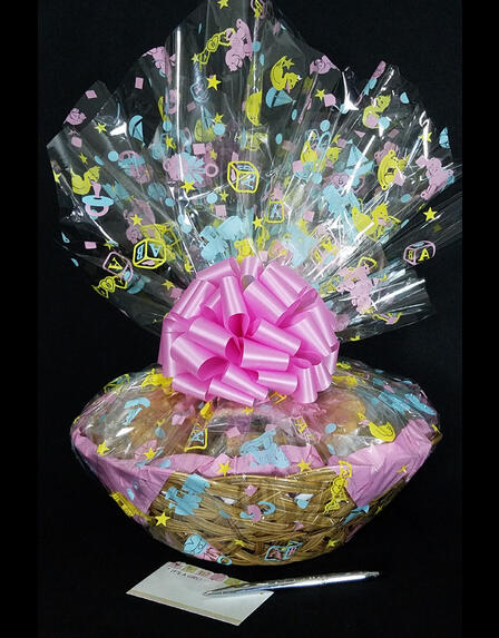 Large Basket - Baby Cellophane - Baby Pink Bow - 36 Cookies and Brownies