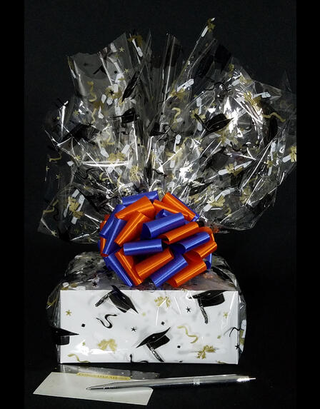 Small Box - Graduation Cap Cellophane - Blue & Orange Bow - 12 Cookies and Brownies