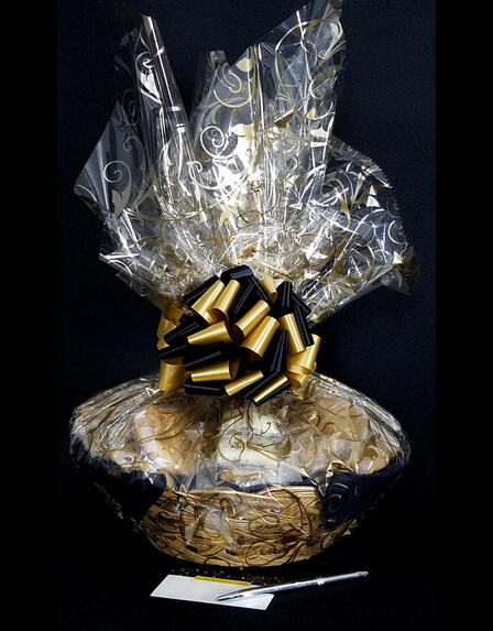 Large Basket - Black & Gold Confetti Cellophane - Black & Gold Bow - 36 Cookies and Brownies